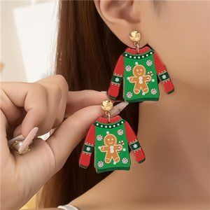 10 Pair Christmas Sweater Design With Gingerbread Print Dangle Earrings Cute